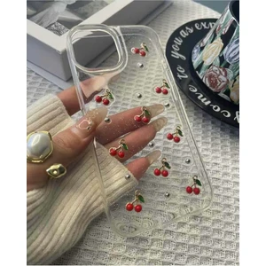 Apple iPhone 11 Uyumlu Epoksi Kiraz Desenli Şeffaf Kılıf Simli Darbeye Karşı Dayanıklı Kapak