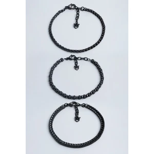 Gri Hematit Taşlı Ayarlanabilir Erkek Çelik Üçlü Bileklik Seti