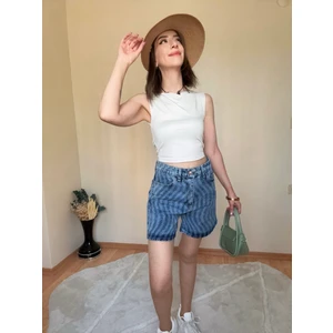 Yıkamalı Desenli Denim Kot Şort