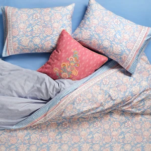 Lahor 200 Tc Çift Kişilik Pamuk Percale Nevresim Takımı 200X220 cm Mavi - Fuşya