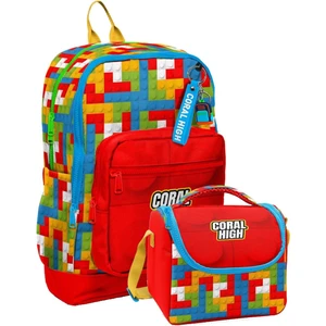 Coral High Erkek Çocuklar Için Dayanıklı Ikili Ilk Okul Çanta Seti - Kırmızı Yapı Blokları