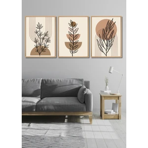 Ahşap Çerçeve Görünümlü Bohem Yapraklı 3lü Tablo Seti Salon Oturma Yatak Odası Için Duvar Dekoru