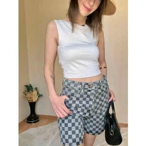 Yıkamalı Desenli Denim Kot Şort kareli -gri
