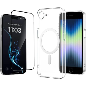 iPhone 16E Kılıf Zore M-safe Şarj Özellikli Şeffaf Kamera Çerçeveli Porto Kapak + Cam Ekran Koruyucu
