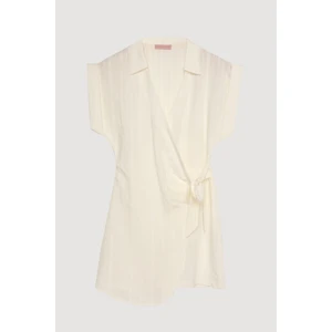 Kruvaze Yaka Beli Bağlamalı Şort Tulum Ekru