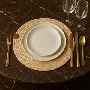 6 Adet Krem Jüt Supla Takımı, Amerikan Servis Seti, Lüx Sunum Tabak Altlığı ( 33 x 33 cm )6