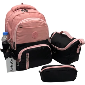 Ilk Okul Çantası 3'lü Seti Unisex Çocuk Ilkokul Çantası LDC-8010 Pudra-Siyah