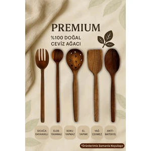5'li %100 Doğal Ceviz Ağacı Mutfak Seti | 30 cm Kaşık Çatal Spatula Kevgir El Yapımı