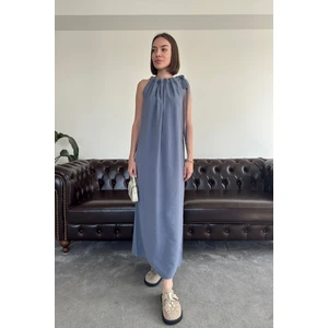 Omuzdan Bağlamalı Premium Elbise- Mavi