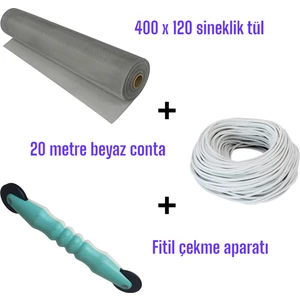 20 mt Beyaz Sineklik Contası + Fitil Çekme Aparatı + 400X120 cm Sineklik Tülü – Tam Set