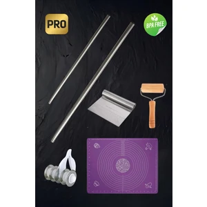 Hamur Açma Seti, Metal Oklava 60-90 Cm, Silikon Mat, Ahşap Merdane, 5 Bıçaklı Mantı Kesici , Spatula