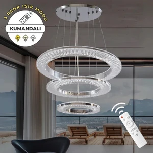 Avangart Krom 3'lü Lüks Uzaktan Kumandalı Dimmerli 3 Renk Ledli Avize Salon Avizesi