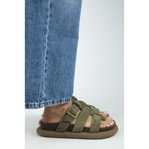 (Hicks) Kadın Hakiki Deri Tokalı Bantlı Haki Terlik