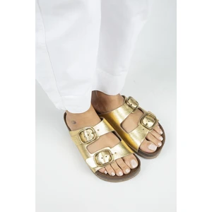 Jazmin Kadın Hakiki Deri Çift Tokalı Gold Terlik