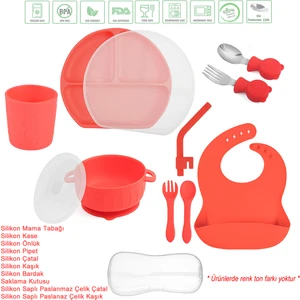 Silikon Beslenme Seti / Vakumlu, Kapaklı Silikon Mama Tabağı, Kase, Pipet, Çatal, Kaşık, Önlük, Bardak, Paslanmaz Çelik Çatal ve Kaşık, Saklama Kutusu / Kırmızı Renk