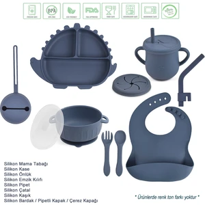 Dinazor Figürlü Vakumlu Silikon Beslenme Seti / Lacivert