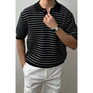 Erkek Siyah Çizgili Düğmeli Regular Fit Triko T-Shirt