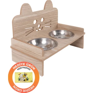 Ahşap Kulaklı Kedi Mama Su Kabı Standı, Kedi Mama Kabı, Kedi Paspası