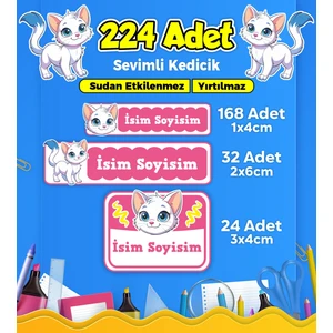 Sevimli Kedi Temalı Okul Kreş Kişiye Özel Isim Etiket Seti - Model 377