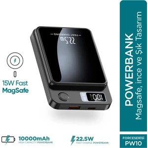 Force PW10 10000mAh 22.5W MagSafe Powerbank  - Kablosuz Mini Şarj Cihazı - 1 USB 1 PD Port - Dijital Ekran - Taşınabilir Şarj Cihazı