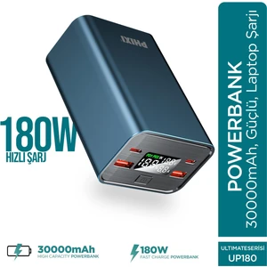 Ultimate UP180 30000mAh 180W Süper Hızlı Şarj Cihazı  - Laptop Şarj Edebilir Powerbank - 2 USB 2 PD Port - Dijital Ekran - Taşınabilir Şarj Cihazı