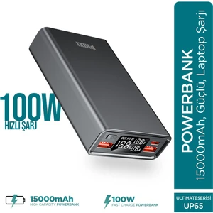 Ultimate UP65 15000mAh 100W Süper Hızlı Şarj Cihazı  - Laptop Şarj Edebilir Powerbank - 2 USB 2 PD Port - Dijital Ekran - Taşınabilir Şarj Cihazı