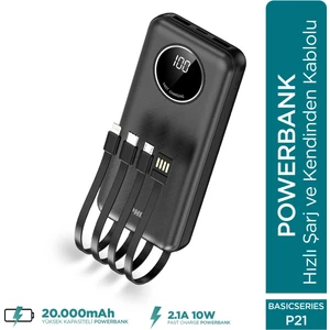 Basic P21 20000mAh 10W Kendinden Kablolu Şarj Cihazı -  Powerbank - 2 USB Port 4 Kablo Çıkışı - LED Ekran - Taşınabilir Şarj Cihazı
