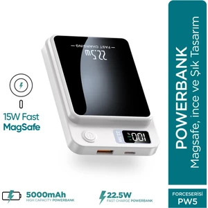 Force PW5 5000mAh 22.5W MagSafe Powerbank  - Kablosuz Mini Şarj Cihazı - 1 USB 1 PD Port - Dijital Ekran - Taşınabilir Şarj Cihazı
