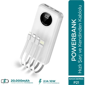 Basic P21 20000mAh 10W Kendinden Kablolu Şarj Cihazı -  Powerbank - 2 USB Port 4 Kablo Çıkışı - LED Ekran - Taşınabilir Şarj Cihazı