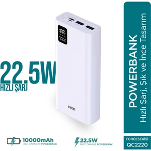 Force QC2220 20000mAh 22.5W Hızlı Şarj Cihazı  - Fast Powerbank - 2 USB 1 PD Port - Dijital Ekran - Taşınabilir Şarj Cihazı