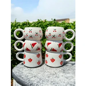 El Yapımı 6'lı Karpuz Kiraz Elma Desenli Seramik Kupa