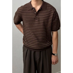 Cool Tarz Erkek Kahverengi Çizgili Düğmeli Regular Fit Triko T-Shirt
