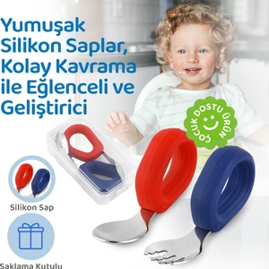 Bebek Çatal Kaşık Seti, Paslanmaz Çelik, Silikon Saplı, Mavi Kırmızı