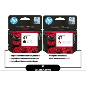 Hp 47-6ZD21AE Siyah + Hp 47-6ZD61AE Renkli Hp Deskjet Ultra Ink Advantage 4828 Orijinal Kartuş Seti