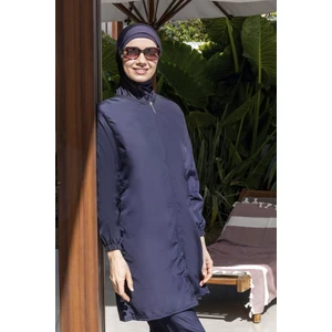 Lacivert Renk Tam Kapalı Su Iticili Hızlı Kuruyan Yanlardan Ayarlanabilen Fermuarlı Tesettür Mayo