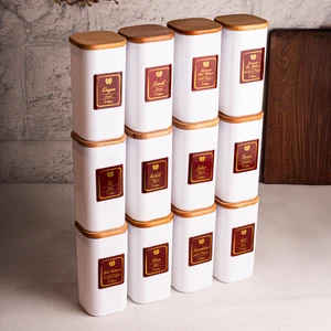 Boxy Beyaz - 12'li Ahşap Vakumlu Kapaklı Etiketli Baharatlık Takımı 350 ml - Erzak Saklama Kabı Seti