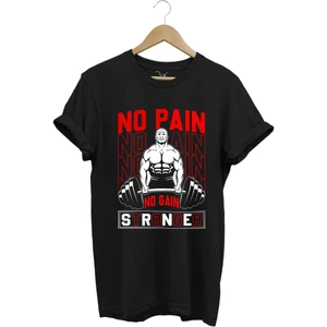 Gym Sporcu Fitness No Pain No Gain Dumbell Tasarım Baskılı %100 Pamuk Regular Fit T-Shirt