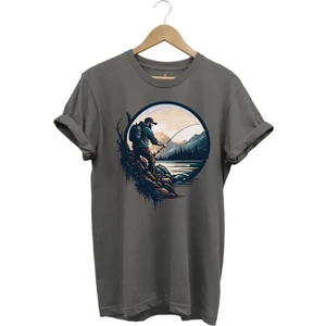 Balıkçı Özel Tasarım Olta ile Balık Tutmak ve Doğa Yazlık %100 Pamuk Tişört