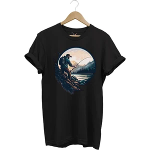 Balıkçı Özel Tasarım Olta ile Balık Tutmak ve Doğa Yazlık %100 Pamuk Tişört