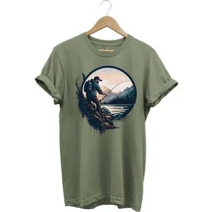 Balıkçı Özel Tasarım Olta ile Balık Tutmak ve Doğa Yazlık %100 Pamuk Tişört