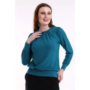 Harare Kadın Büzgülü Damla Yaka Düğmeli Örme Jakar Esnek Penye Uzun Kollu Bluz & Tesettür Bluz