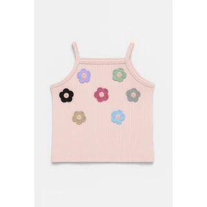 Kız Çocuk Ribana Pamuklu Pudra Renk Çiçek Aplikeli Askılı Crop T-Shirt – Yazlık Renkli Tasarım