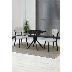 Elma Modeli Kare Mutfak Masa Sandalye Takımı 2 Sandalye 1 Siyah Mermer Desen Masa 70X70 Keten Kumaş