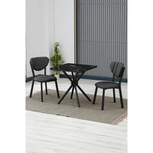 Elma Modeli Kare Mutfak Masa Sandalye Takımı 2 Sandalye 1 Siyah Mermer Desen Masa 70X70 Keten Kumaş