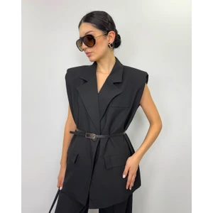 Siyah Vatkalı Kemerli Oversize Yelek