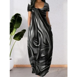 Aisha Elbise Kadın Kısa Kollu Yuvarlak Yaka Cepli Salaş Baskılı Süprem Elbise