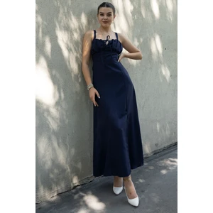 Göğüs Büzgülü Önden Yırtmaçlı Straplez Askılı Uzun Elbise 50322