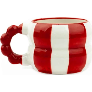 Kırmızı Çizgili El Boyama Kabartma Desen Krem Parlak Harmoni Kupa - El Işçiliği Hediyelik Kupa