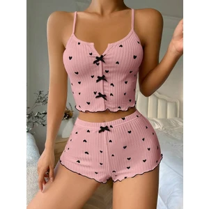 Kadın Beyaz Askılı Desenli Gecelik Pijama Şortlu Takımı Bella