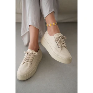 Peint Yüksek Tabanlı Bağcıklı Sneaker- Bej